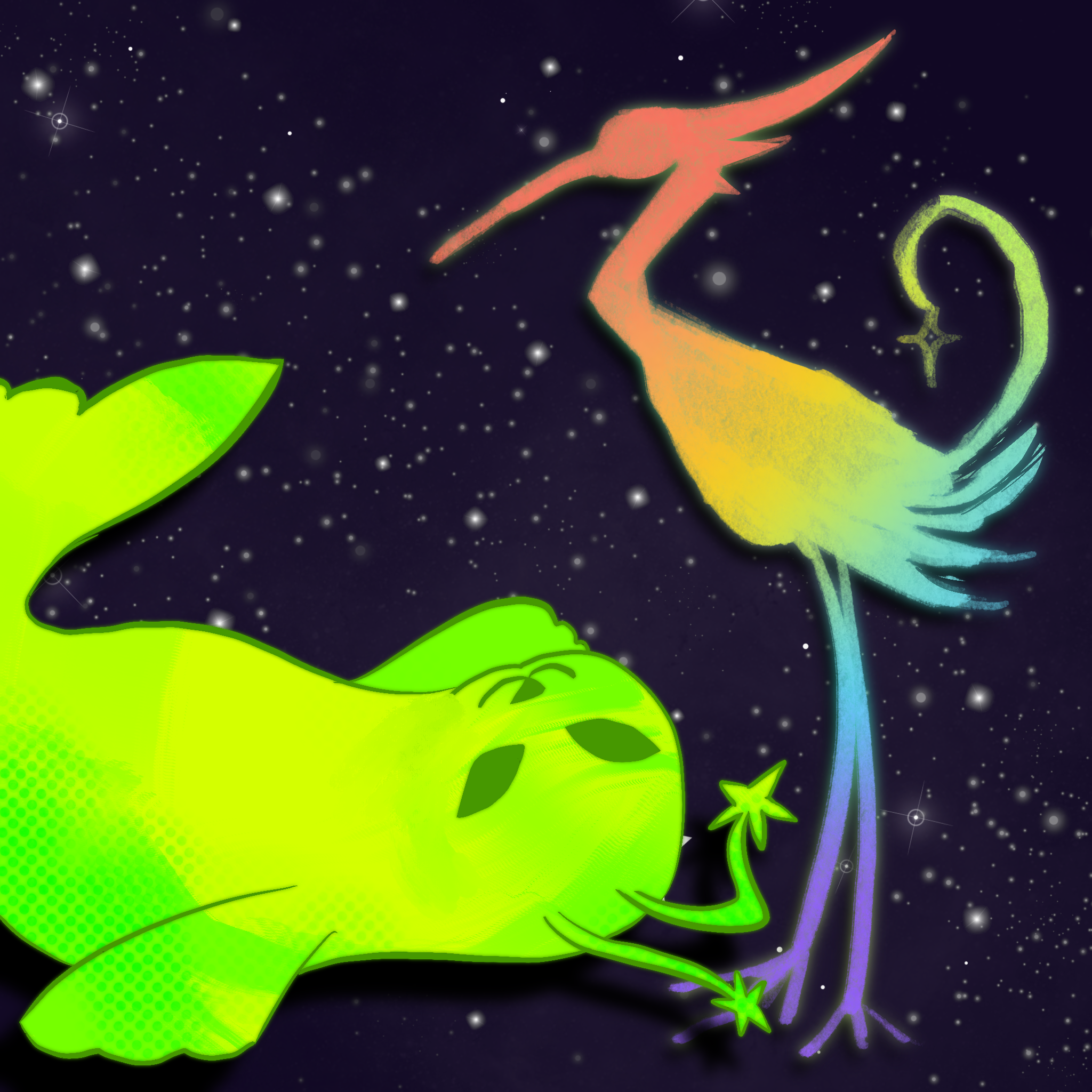 Two rare animals, an alien seal and a rainbow egret, being traded.